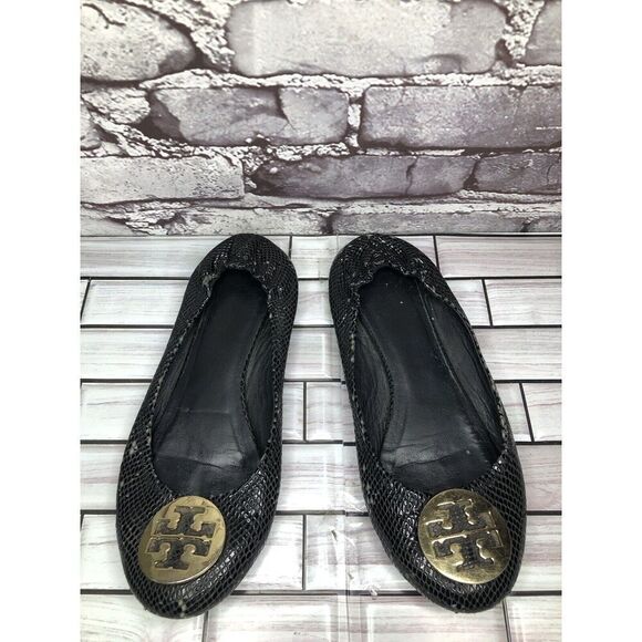 Tory Burch Reva Gold Logo Black Leather Snake Skin Ballet Flats Women Sz 7.5M US - Picture 2 of 16